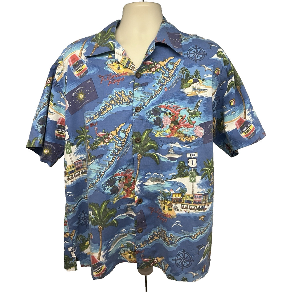 David Carey Vintage Blue Hawaiian Button Up Shirt Mens Large Pocket Florida Keys